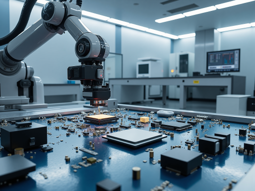 Modern electronics manufacturing facility with automated production line, industrial robots assembling circuit boards, blue background, bright natural lighting