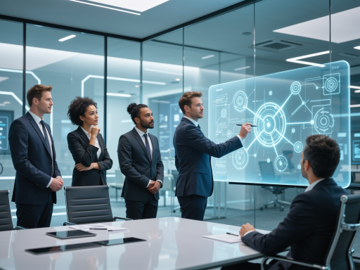 Professional team meeting in modern conference room, diverse group of engineers discussing project, whiteboard with technical diagrams, collaborative environment